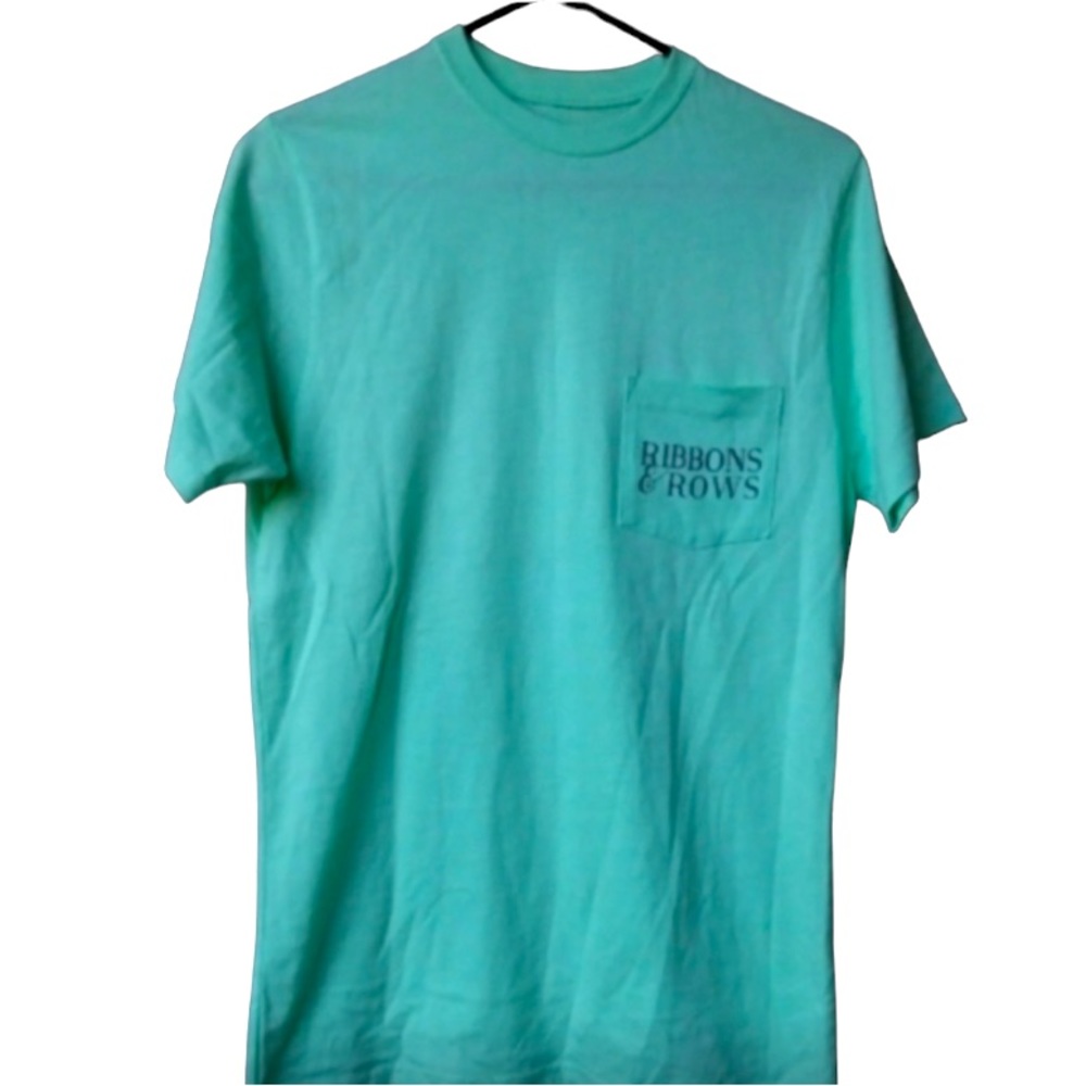 RIBBONS & ROWS Mint Green with Bicycle Print 100% Cotton T-SHIRT SMALL - Picture 2 of 4